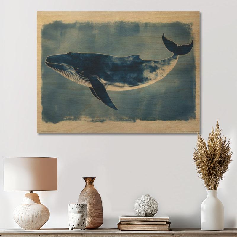 Baleine dans les profondeurs indigo - Art mural bois côtier, H 24 po x l 32 po