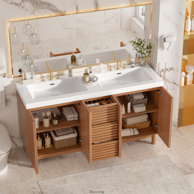 Meuble-lavabo 59 po avec lavabo double en résine SMC, armoire en panneau de fibres à densité moyenne avec pieds en bois massif et charnières à fermeture en douceur