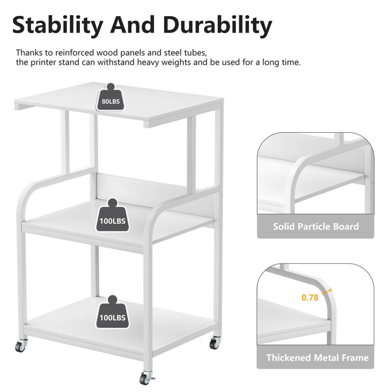 Cecilwood 30'' H Printer Stand with Wheels, 30.2" H x 20" W x 15.71" D, White