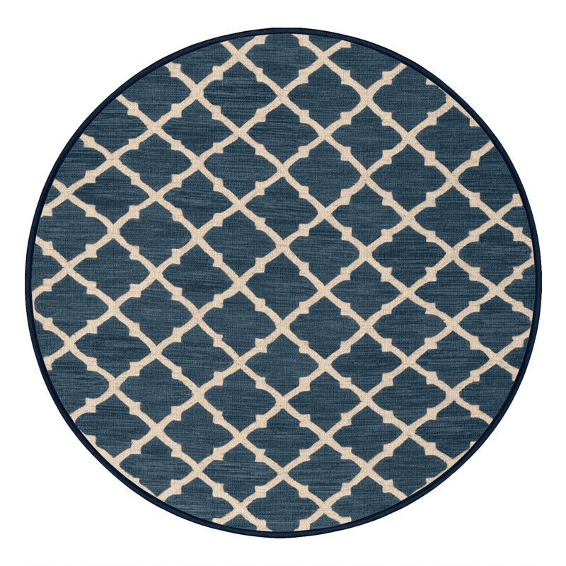 Tapis bleu en treillis lavable à la machine, Rond 3 pi