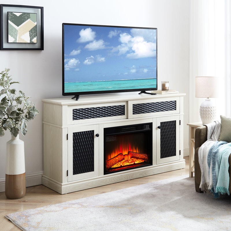Console de télévision moderne avec foyer - support, blanc, support de minuterie 30 min et décoration rustique, finition blanche