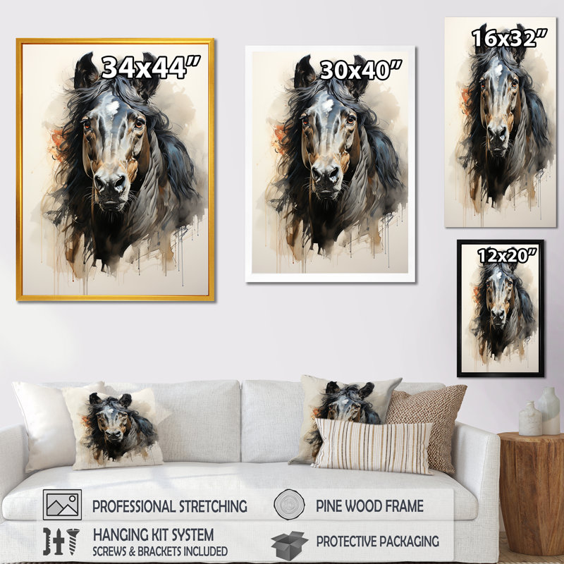 Décoration murale minimaliste cheval noir II, Cadre flottant noir, H 44 po x l 34 po