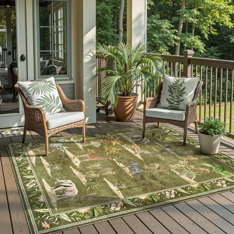 Animals Print Washable Ultra-Thin Non-Slip Area Rug, Rectangle 5' x 7', Jungle Green