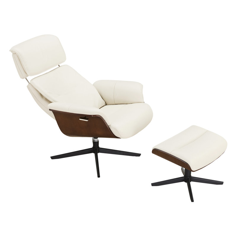 Mid Century Genuine Leather Recliner Lounge Chair With Ottoman, Coconut Milk
