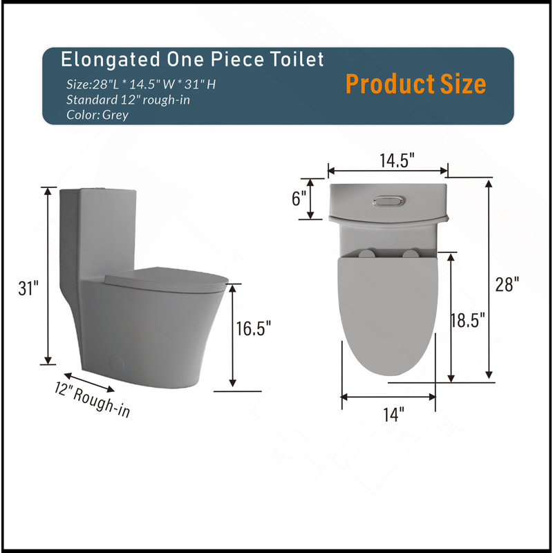 Toilette allongée une pièce matte à double chasse 1,1 / 1,6 GPF, Matte Grey Matte
