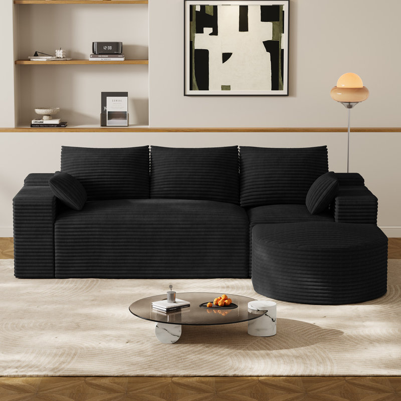 Canapé modulaire en L avec repose-pieds incurvé en forme de L, Black, L-Shaped