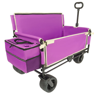 Folding Wagon Cart With Bench Seat, 500Lbs Heavy-Duty, All-Terrain Wheels, Purple