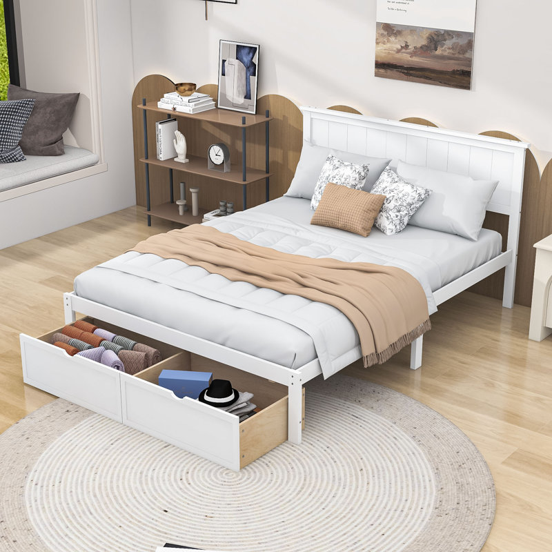 Lit plateforme double à 2 tiroirs avec rangement sous le lit, Blanc