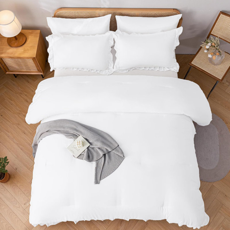 Ensemble d'édredon 3 pièces Ruffle, Blanc, Édredon grand + 2 taies d'oreiller standard