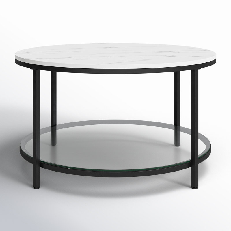 Table basse ronde avec rangement Aubra, Plateau blanc / base noire