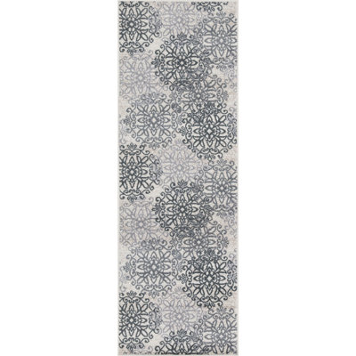 8' Gray Medallion Power Loom Stain Resistant Runner Rug