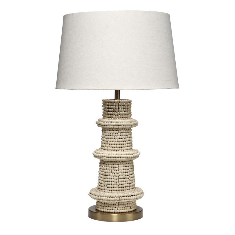 Rowan Wood Beaded Table Lamp with Linen Shade, Blue, Cream