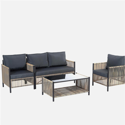 New Comming Patio 4 Pieces Brown PE Wicker Sofa Set with Grey Cushion