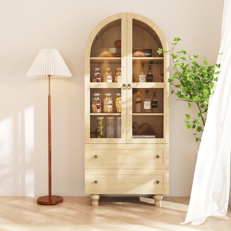  71" Arched Bookcase with Pantry Storage with Glass Door, Bookshelf with 2 Drawers, Natural Oak