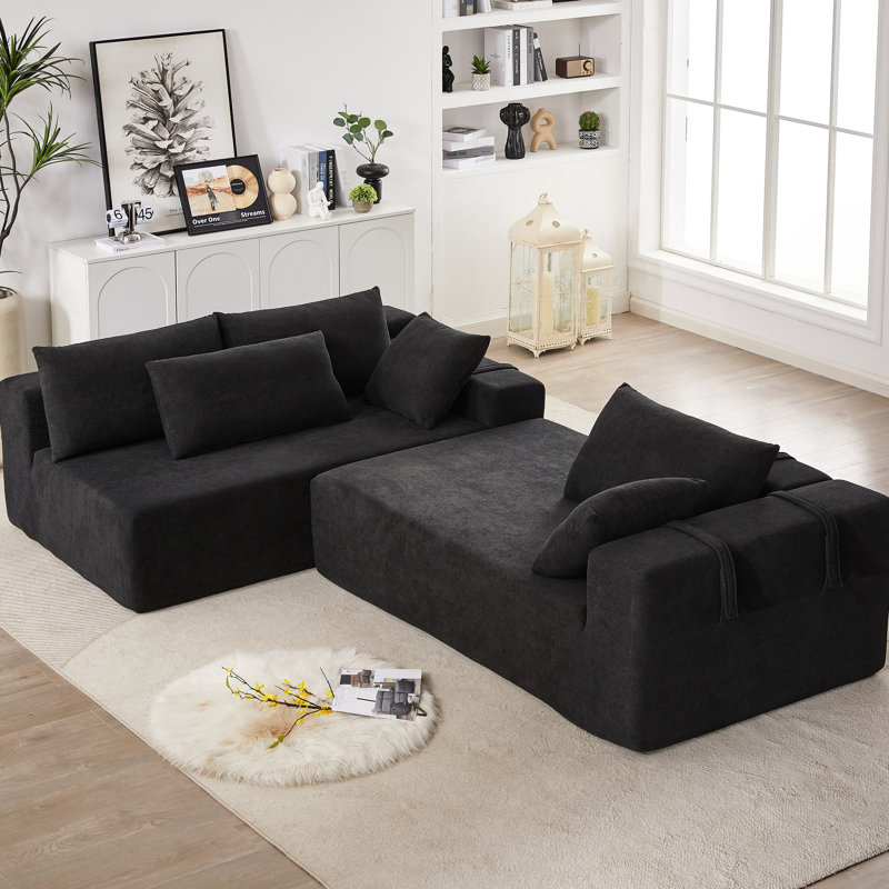 Sectional With Chenille Cover - 108" L Shaped, 4 Capacity, Space Efficient Upholstered Apartment Contemporary Style, Black