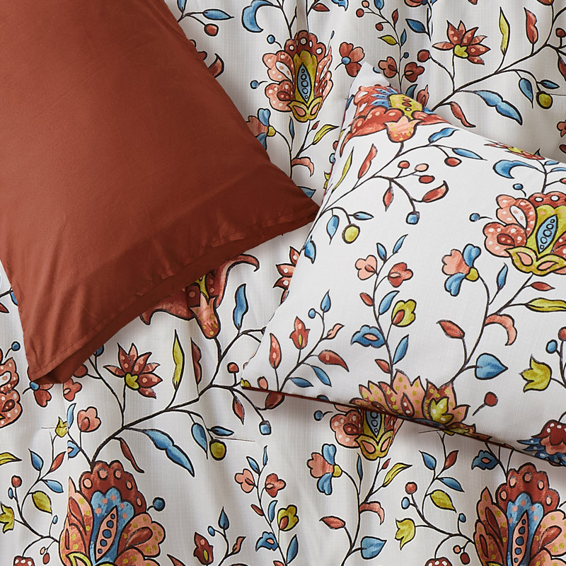 Wonderful Floral Comforter Set Linen-Like Fabric With Slub Texture, Queen Comforter + 2 Standard Shams, Burnt Orange