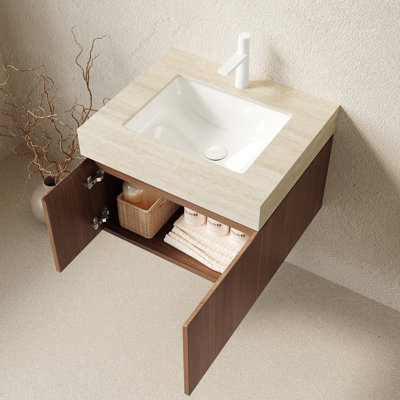 Meuble-lavabo 24 po, meuble-lavabo flottant en contreplaqué avec 2 portes, comptoir en pierre frittée Roma Travertine et lavabo en céramique avec 1 trou de robinet pré-percé, pré-assemblé