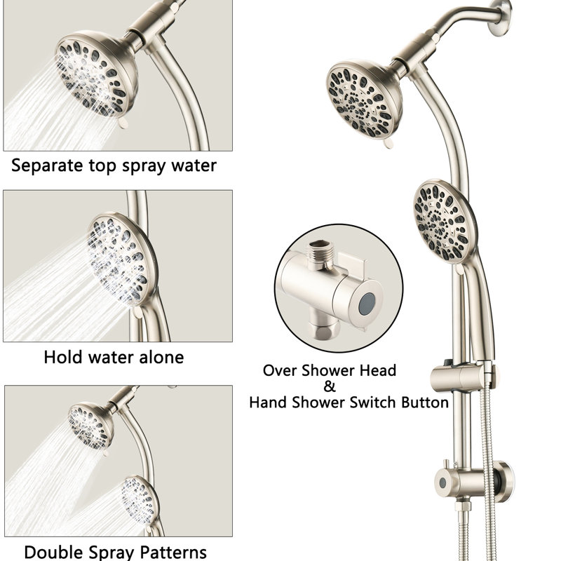Stainless Steel Slide Bar Showerhead - 7-Setting Dual Spa Shower Head, 5" Abs, Wall Mount, 1.8 Gpm, Adjustable Sprays, 59" Hose, Brushed Nickel Finish Drill- Head With Abs Showerhead, Mounted,
