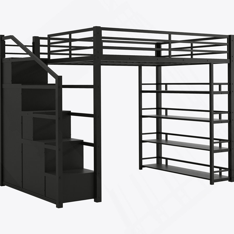 Lit mezzanine pleine grandeur en métal avec tablettes de rangement, armoires et garde-robe, conception compacte et peu encombrante