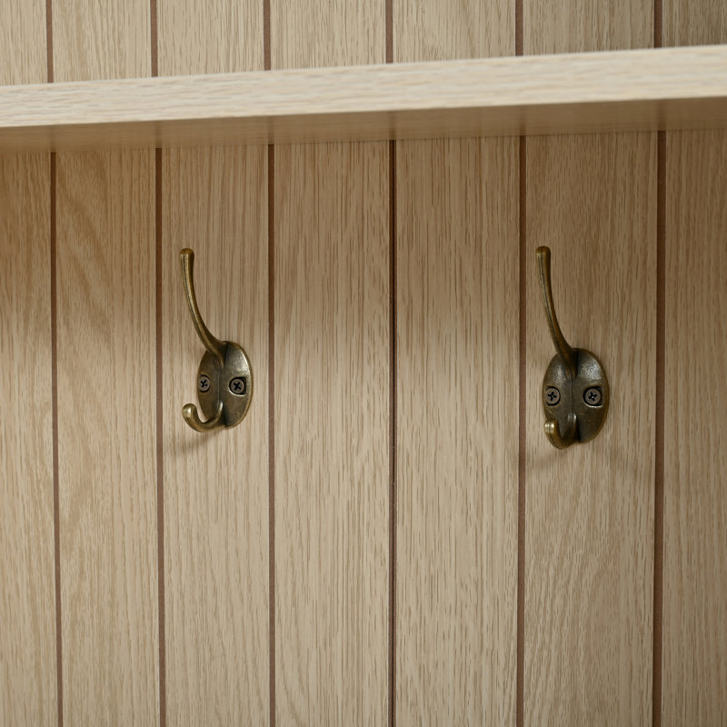 Arbre d'entrée en bois de ferme avec design arqué, banc d'entrée avec crochets rétro, porte-manteau rustique et tiroirs de rangement pour chaussures pour vestibule, finition chêne naturel