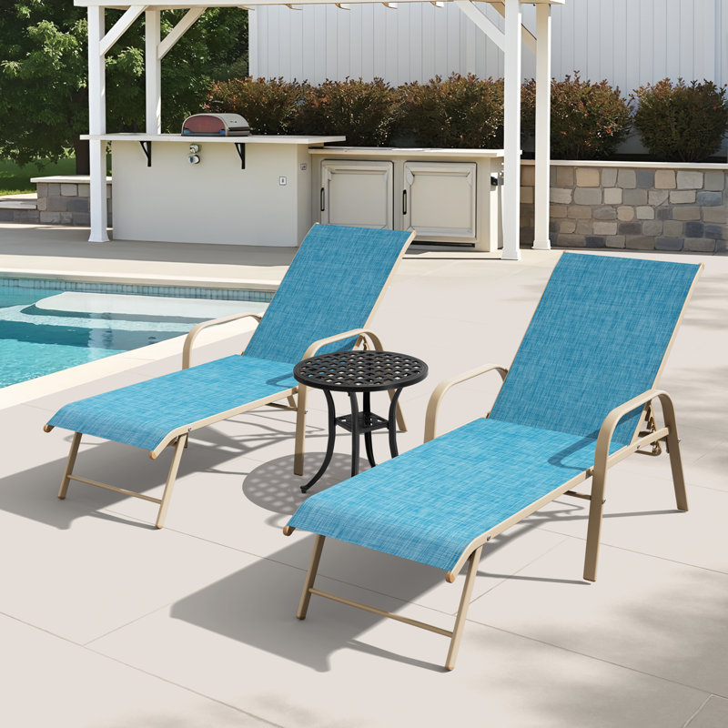 Chaise longue d'extérieur en aluminium avec table ronde, Bleu