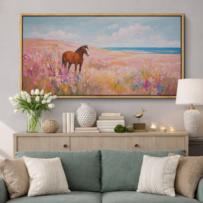 «Colorful Horse Meadow Landscape», art de salon, impression sur toile encadrée