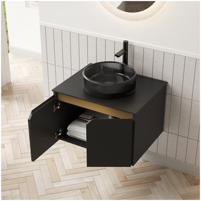 Meuble-lavabo de salle de bain 24 po RUBEN, armoire de rangement flottante murale en contreplaqué, portes doubles en sergé avec garniture en métal, lavabo rond en verre noir transparent et plateau en pierre frittée noire, noir