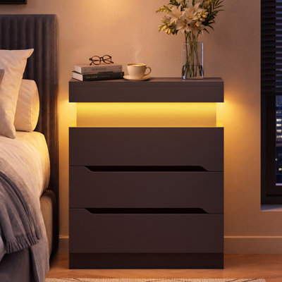 Nightstand with Adjustable RGB Light, Beside Table with 3 Drawer and Sliding Hidden Top Compartment, Nightstand for Bedroom, Black