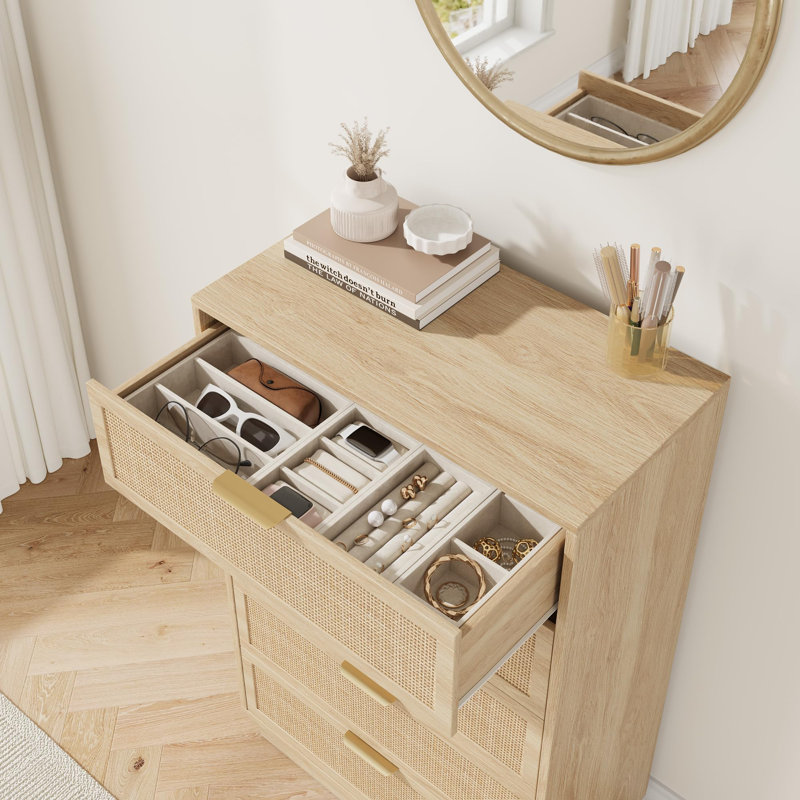 Natural Rattan 5-Drawer Dresser, Wood Storage Cabinet with Integrated Frame for Hallway, Entry Area or Closet, Yellow