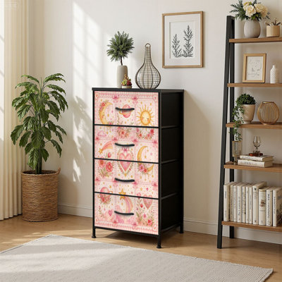 Commode à 4 tiroirs avec rangement vertical et motif floral céleste rose