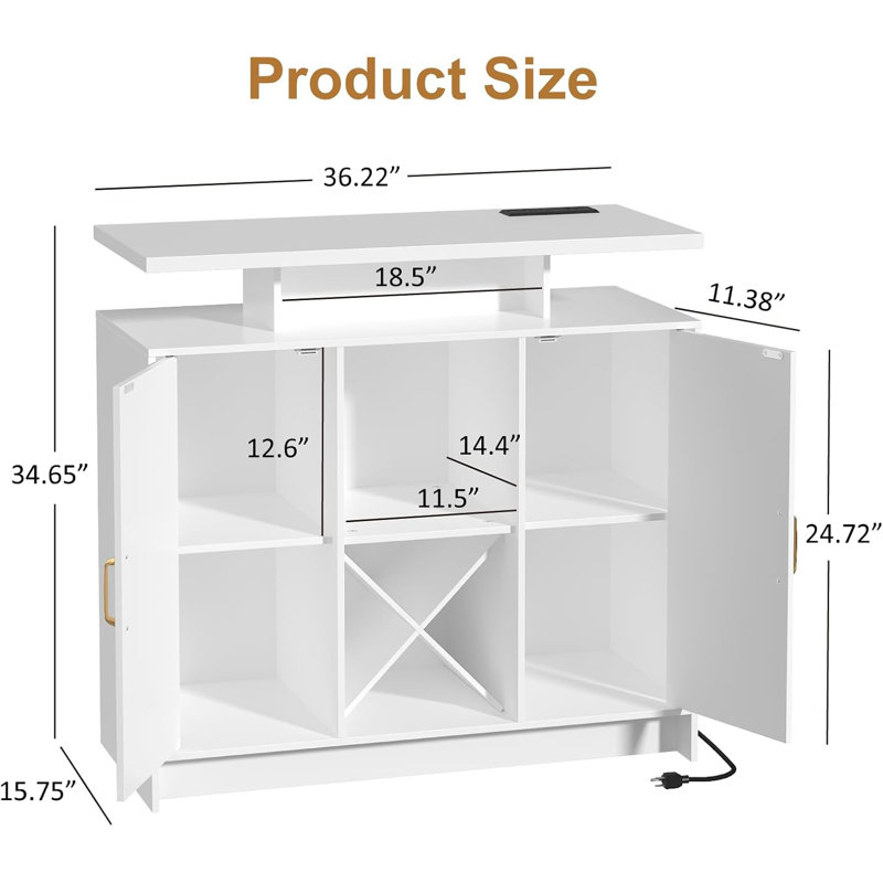 Modern Wine Bar Cabinet with LED Lights & Power Outlet, 2-Door Sideboard with Wine Rack & Storage for Kitchen, Dining Room or Living Room