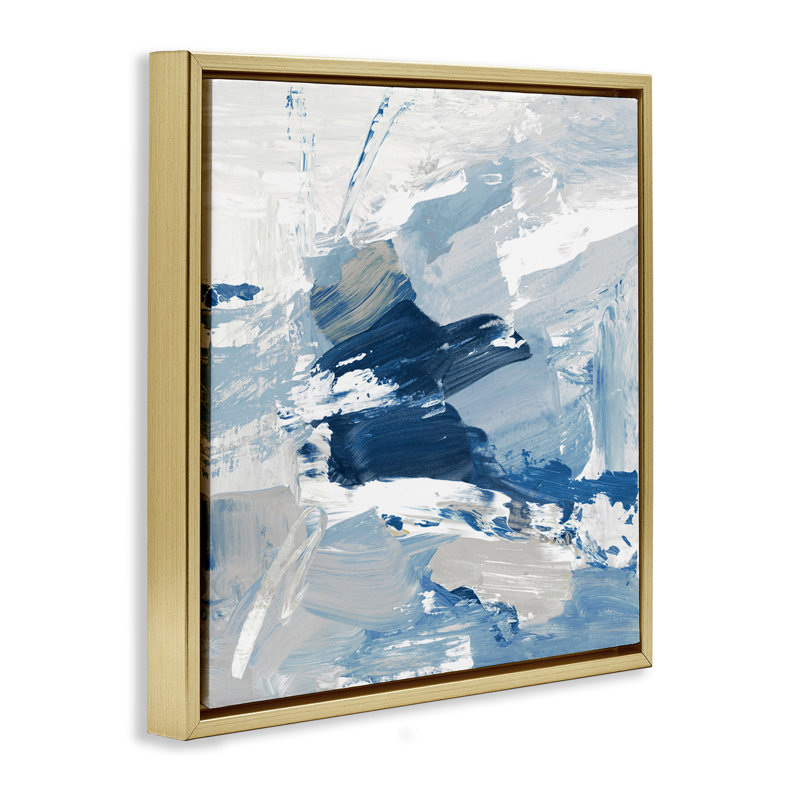Peinture abstraite bleue brossée, Cadre flottant métallique doré, H 25 po x l 25 po