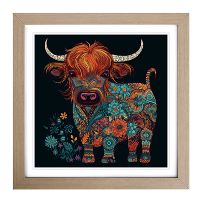 Highland Cow Paisley Art No.1 - Single Picture Frame Print on Wood
