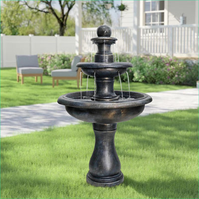 Fontaines, Fuente, Agua, extérieur | Fontaine d'extérieur moderne à 3 niveaux pour patio, pierre noire H 27 x 27 x 45,2 po | Noir | Béton / ciment