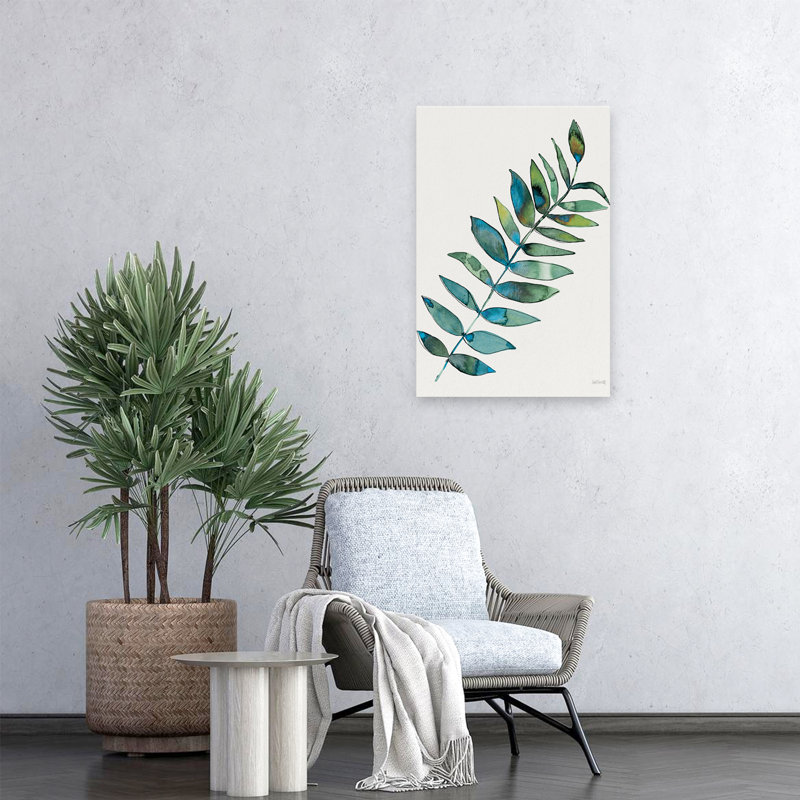 Palm Springs VI - bleu crème, feuille verte, art, H 24 po x l 16 po