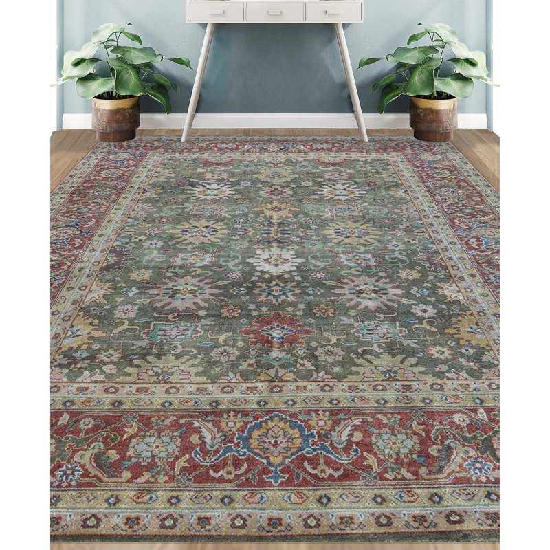 Wool Oriental Area Rug in Green/Rust