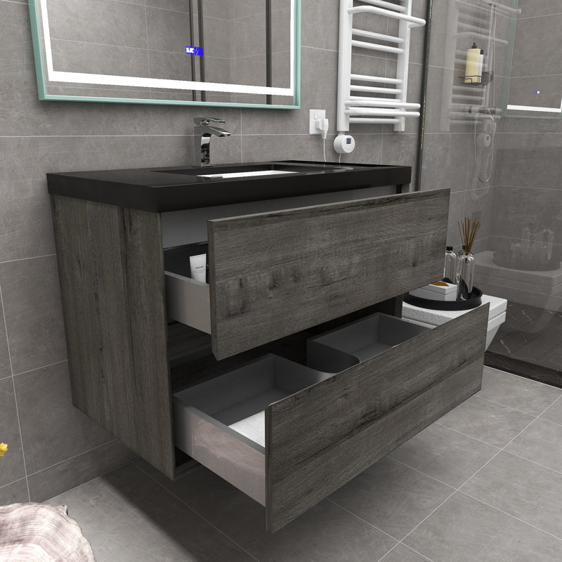 36" Wall-Mounted Single Bathroom Vanity Set, Smoke Oak