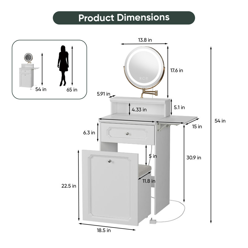 Meuble-lavabo blanc avec miroir rond et lumières, table de chevet 2 en 1, coiffeuse et fauteuil