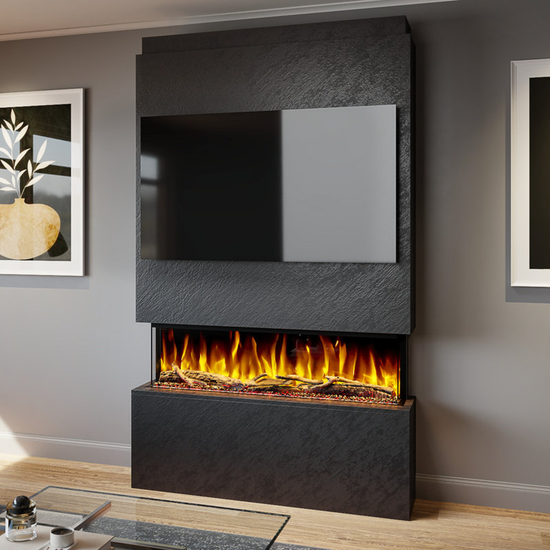 Evolution Fires Pre-Built Media Wall Package 18, finished in textured Venetian Plaster, includes Spectrum Series 44 Series 3-Sided Electric Fireplace