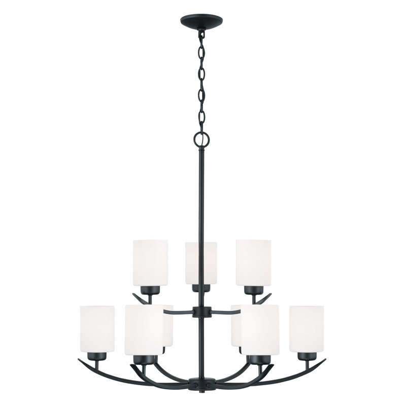 Matte Black 9-Light Chandelier with Soft White Glass Shades