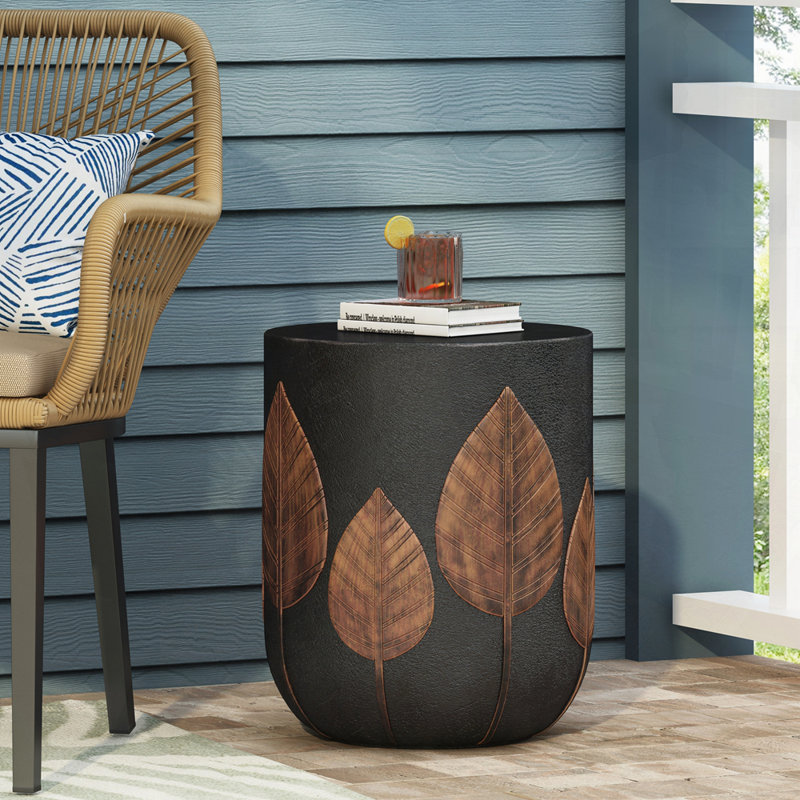 Boho Style Lightweight Concrete Side Table with Two-Toned Finish and Leaf Pattern, Perfect for Outdoor and Indoor Use