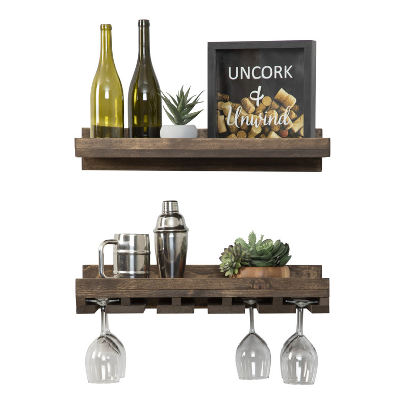 Support mural pour verres à vin en bois massif Charla, Noyer foncé, H 4,25 po x l 24 po x P 10 po