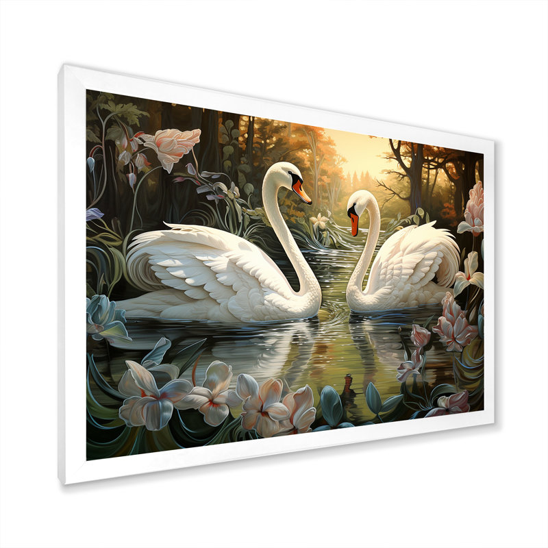 Cygnes et amour éternel sur toile, H 34 po x l 44 po x P 1,5 po, Cadre photo blanc