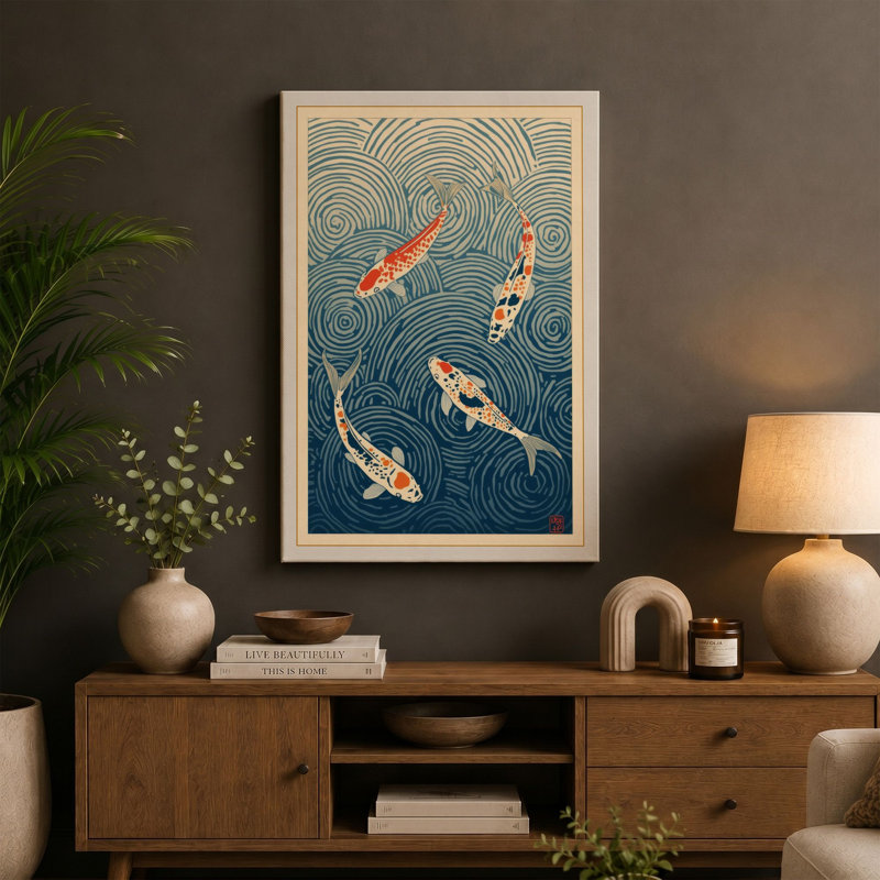 Koi in Ripples Japandi - Wrapped Canvas, 18x12 - 45.7 x 30.5 cm, Teal Border