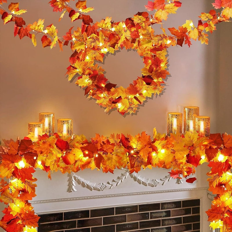 Paquet de 2 guirlandes de feuilles d'érable d'automne de 23,6 pi avec lumières - à piles