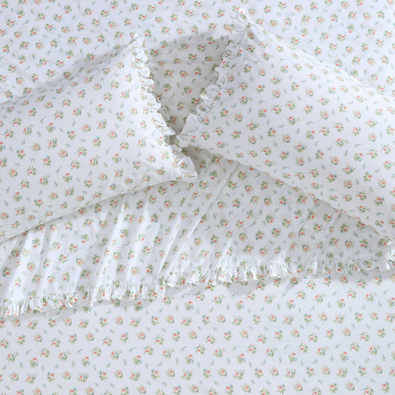 Laura Ashley Floral Ruffled Hem Cotton Sheet Sets, Queen Sheet Set + 1 Fitted Sheet + 2 Pillowcases