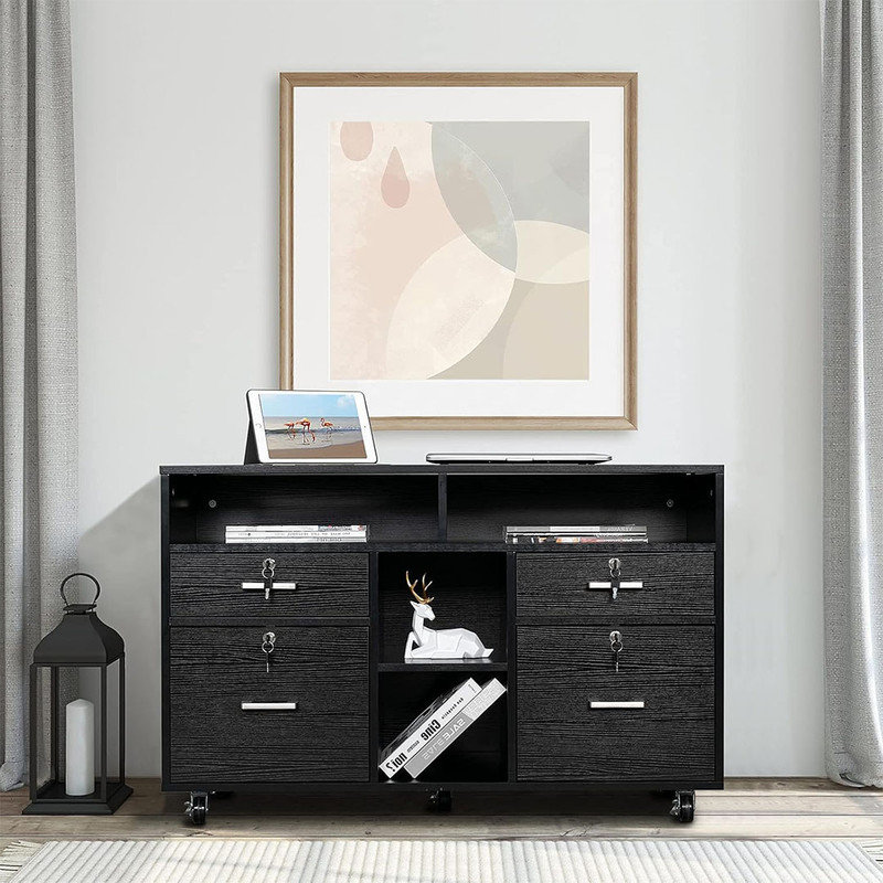 Wheeled Mobile File Cabinet with 4 Drawers and Shelves and Open Storage, Locking Lateral Filing Cabinet for Home Office, Black