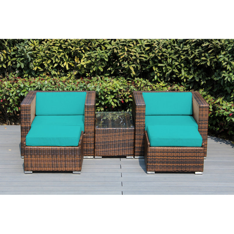 Ensemble de conversation en osier pour 2 personnes avec coussins Billyjo Wicker, Mélange de bruns, Supercrylic turquoise
