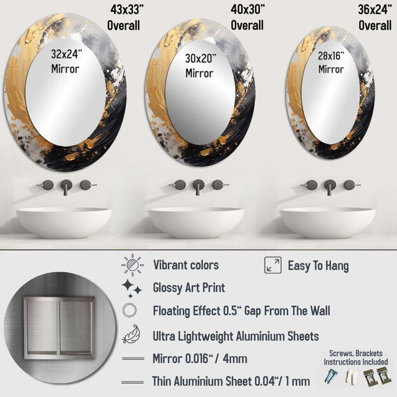 Yin Yang Beyond Duality Abstract Gold And Black II - Large Oval Wall Mirror On Metal, 40" x 30"