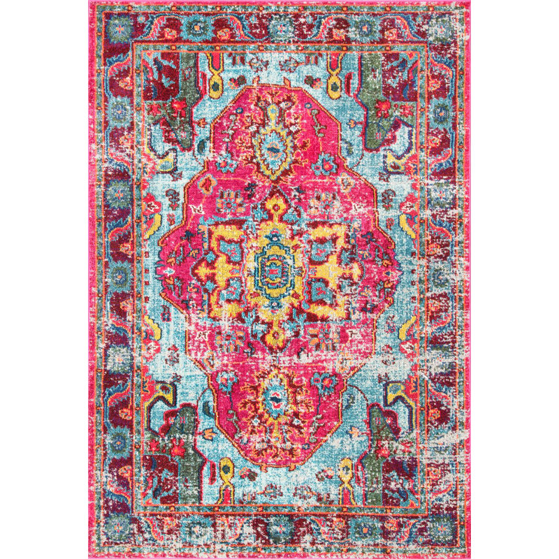 Juliemarie Vintage Bohemian Power Loom Performance Pink Rug, Rectangle 10' x 14'